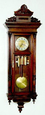 Vienna Regulator 3 Weight Wall Clock: Vienna Regulator 3 Weight Wall Clock: Has T & bell Strike with Austrian seat board; a silvered chapter ring with an engraved center dial marked, "G. Skakalik, Wein."; 1/2 column sides; a carved crest;