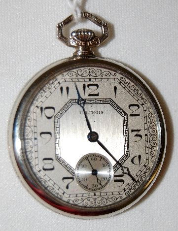 Illinois 17J 12S OF SW 3/4 DR GJS GF Pocket Watch: Illinois 17J 12S OF SW 3/4 DR GJS GF Pocket Watch: Serial No. 4690926, adjusted. The fancy silver dial looks good. In a white SF&B J Boss 14K gold filled case No. 7819154. The case has a monogram on i
