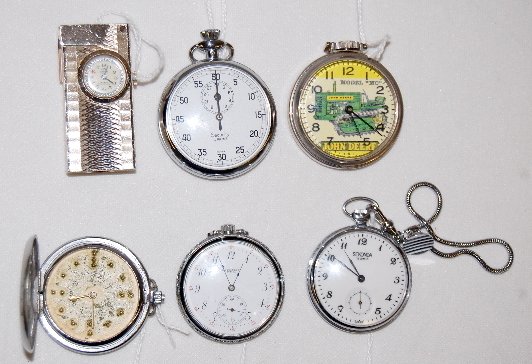 5 Pocket Watches & a Cigarette Lighter Watch: 5 Pocket Watches & a Cigarette Lighter Watch: 1.) Seth Thomas 7J, 12S Republic. The watch was not opened but it is running. (The dial is hairlined. The blackened case is scuffed and scratched.) 2. Got