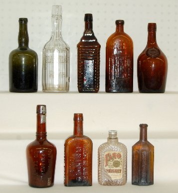 9 Antique Bottles, Medicine, Whiskey & Rye, 1860s: 9 Antique Bottles, Medicine, Whiskey and Rye: 1.) Round brown marked "JNO WYETH & BRO Philadelphia LIQ. EXT. MALT". 2.) Flat brown marked "CHAMBERLAIN & Co. Des Moines, IOWA - Dr. VON HOPES". 3.) Oval