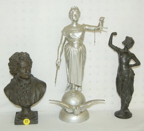 3 Cast Metal Figurines; Ladies and a Man: 3 Cast Metal Figurines; Ladies and a Man: 1.) Cast, bronze patina statue of a Grecian lady with bobbed hair; signed on the base. (Her right hand held something at one time that might have also been at