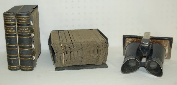 Antique Tin Stereoscope & 200+ Stereo Cards: Antique Tin Stereoscope & 200+ Stereo Cards: Keystone View cards with scenes from all over the world. The scope is 8 1/2" L.