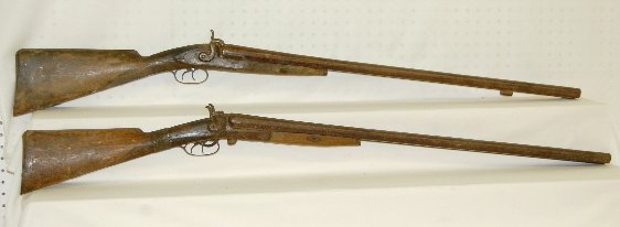 2 Antique Double Barrel Shotguns, Saxton +: 2 Antique Double Barrel Shotguns, Saxton +: 1.) Saxton 10 gauge double barrel shotgun; side lever opening; barrel marked "London Fine Twist"; double exposed hammers and double triggers. (Stock split a