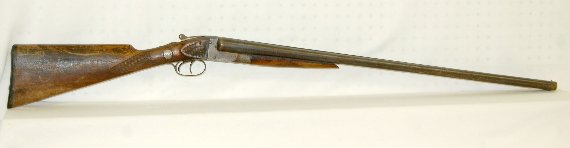 Antique HibSpeBar Double Barrel Shotgun: Antique HibSpeBar Double Barrel Shotgun: 12 gauge; marked on the side plate; no other marks found; serial number 10311; double trigger; safeon grips. (Stock shows wear and use. (This gun has been stam
