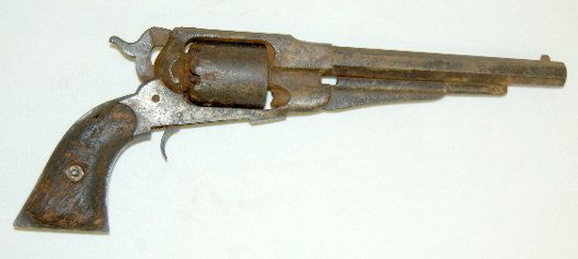 Antique Colt Army Cap & Ball Revolver, 1855: Antique Colt Army Cap & Ball Revolver: Dug relic; has a 6 1/4" octagon barrel and is 14 1/4" L overall; circa 1855. (The gun is very rusted with loss to the metal and wood parts. The gun is marked wit