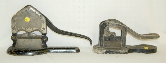 2 Cast Iron Antique Tobacco Cutters: 2 Cast Iron Antique Tobacco Cutters: 1.) No advertising, marked "Patented Dec 1, 1914" on the base bar and "Mfd. By Johnson Co. Quincy, ILL." underneath. (The original paint is badly worn.) 2.) No adv