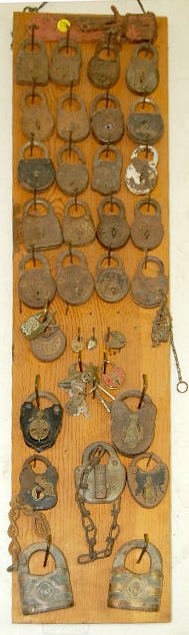 Group of 36 Antique Padlocks: Beagle, Oak Leaf +: Group of 36 Antique Padlocks: Beagle, Oak Leaf +: Miller, Jerrier, Jupiter (2), US (2), a tiny heart, Adlake, DM&C, LNM Co. and Oak Leaf Six Lever. There are several with no names. (Conditions vary fr