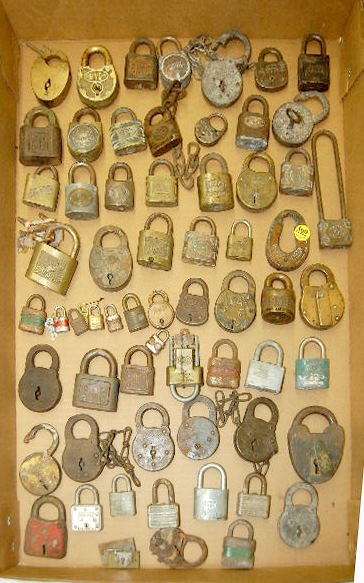 Group of 61 Antique Padlocks: Old Gold, Venus +: Group of 61 Antique Padlocks: Old Gold, Venus +: Slaymaker, Simmons, 999, Corbin Cabinet Lock, Sentry, Ajax, Good Luck, Trubilt Five Disc Cylinder, Pajoma, RFD, Huro and Ironsides Six Lever. (The cond