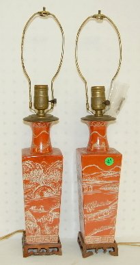 Pair of Japanese Village Scenic Table Lamps: Pair of Japanese Table Lamps: white on rust red ground depicting a wrap around village and countryside scene; circa early to mid 20th century; no shade or finials. 22"T (One wooden base has a bit of d