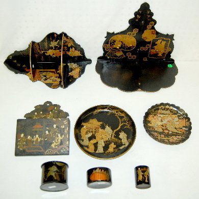 10 Lacquer & Paper Mache Pieces: 10 Lacquer & Paper Mache Pieces: 1.) Fold shelf of the style used to hold clocks; w/ 4 separate vignettes; 2 w/ people, 1 butterflies and 1 straw cottage. 13 1/2"W 2.) Hanging corner shelf designed to