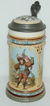 Mettlach V & B #2003 1/2 Liter Etched Stein: Mettlach V & B #2003 1/2 Liter Etched Stein: three panels; troubadour; knight with stein and knight w/ pokal; full color; inlaid lid.