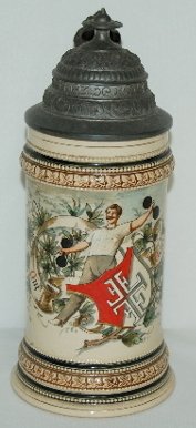 German Ornate Beer Stein, "Good Health": German Ornate Beer Stein: 1/2 liter, pottery P.U.G. with 4 Fs on a shield, a man with barbells; pewter lid with "Good Health"; Turner Verein theme, unmarked. No condition problems.