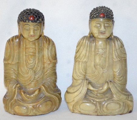 2 Old Buddhas Made of Soapstone: 2 Old Buddhas Made of Soapstone: carved and polished in fine detail. These appear to have some good age and were carved from material with a pale green color resembling low grade jade. 6 13/16" T and 