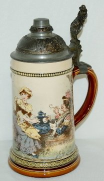 German Ornate Beer Stein, Soldiers: German Ornate Beer Stein: #994 1/2 liter; P.U.G. of soldiers drinking, signed Schlitt; lady with stein thumb lift; has a pewter lid; marked Geschuztz. No condition problems.
