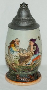 German Ornate Etched Beer Stein: German Ornate Etched Beer Stein: Merkelbach & Wick 1175-A; etched pottery with gnomes drinking on stump and a verse; full color; has a pewter lid. (Inside crack.)