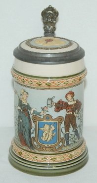 Mettlach V & B #1725 1/4 Liter Etched Stein: Mettlach V & B #1725 1/4 Liter Etched Stein: etched with a man toasting a lady holding a rose, signed Warth; inlaid lid with arrow and heart in a shield; pottery and pewter lid with lady head thumb li