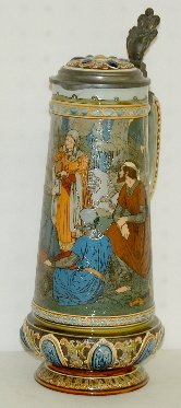 Mettlach V & B #2481 Etched Tankard, Soldiers: Mettlach V & B #2481 Etched Tankard: 1 1/4 liter tankard, marked Mettlach, V & B, Ges. Gesch. 2487 and 07; signed Quidenus; in full color, "Hildegund Aiding Wounded" showing soldiers in the forest; ha