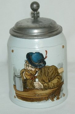 Mettlach V & B #1536 Beer Stein, Man With Pipe: Mettlach #1536 Beer Stein: 1/2 liter; tapestry stoneware with a man with a pipe; has a pewter lid; circa 1885; marked with castle mark, Mettlach Villeroy & Boch Patent and 1536.
