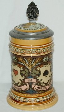 Mettlach #1395 Beer Stein, French Card: Mettlach #1395 Beer Stein: 1/2 liter, with an etched French Card design and a verse; has an inset lid with a grape leaf thumb lift; marked with Castle mark, Mettlach VB, Geschutzt, Made in Germany, wi