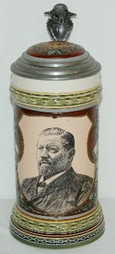 Mettlach #1997 Beer Stein, George Ehret: Mettlach #1997 Beer Stein: 1/2 liter; etched and picture under glass of George Ehret Brewer signed Hein 1890 with a portrait of Mr. Ehret on the front; has an inset lid. Came to New York City from Ger