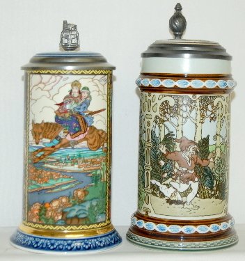 2 Mettlach V & B #1528 & #2902 Beer Steins: 2 Mettlach V & B # 1528 Beer Steins: 1.) #1528 1978 Russian Fairy Tales with scenes of The wedding of Tsarevna Elena the Fair; Ivan & Tsarevna on the Grey Wolf; In search of the Firebird; inset porcel
