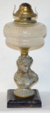 Civil War Era Figural Lady Head Kerosene Lamp: Civil War Era Figural Lady Head Kerosene Lamp: Has a metal base with a white metal lady head bust; brass collar; frosted floral medallion font with bead and diamond bands; brass collar and Banner burn