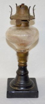 Civil War Era Fine Rib Kerosene Lamp, 1860's: Civil War Era Fine Rib Kerosene Lamp, 1860's: Has a metal base with a brass collar, a fine rib pattern font; a brass font collar and burner. 10" T.