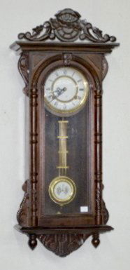 Contemporary 31 Day Wall Clock: Contemporary 31 Day Wall Clock: T&S; porcelain dial marked 31 Day; nice RA pendulum; has the key. Not tested. 30" L