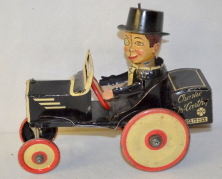 Marx Tin Litho Charlie McCarthy Car Toy: Marx Tin Litho Charlie McCarthy Car Toy: Labeled with key wind; all original. (Wants to work but slips when wound. There is light wear and scratches.) 6 1/2" x 7 1/2".