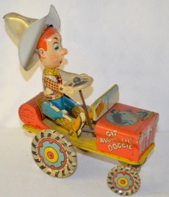 Tin Lithograph "Rodeo Joe" Toy Crazy Car: Tin Lithograph "Rodeo Joe" Toy Crazy Car: "Git Along Lil' Doggie" tin wind-up crazy car with built in key; C-8 condition, very good; works. (There is minor wear; overall it is very clean.) 8 1/2" x 7"