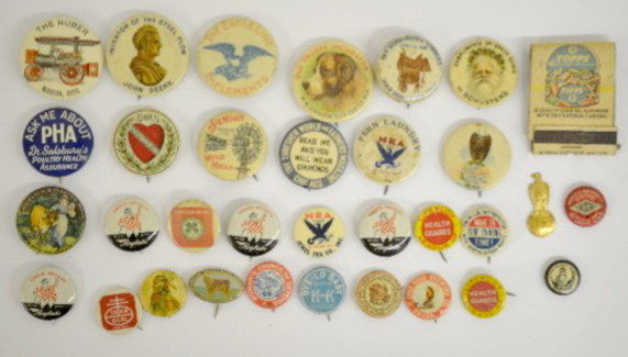 34 Vintage Advertising Pinback Buttons: 34 Vintage Advertising Pinback Buttons: American Short Horn Breeders; Pepsin Gum; Eagle Line Implements; Semsen Windmills; Horlicks Malted Milk; The Huber Steam Engine; Inventor of the Steel Plow, Joh