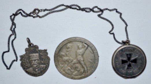 German Locket, Tinnie and a French Medal, WWI: German Locket, Tinnie and a French Medal, WWI: 1.) The locket and chain is .800 silver; the locket has a blackened cross, 1914, a crown w/a "W" in the center and "Mite Gott FUR Konig UND Vaterland" ar