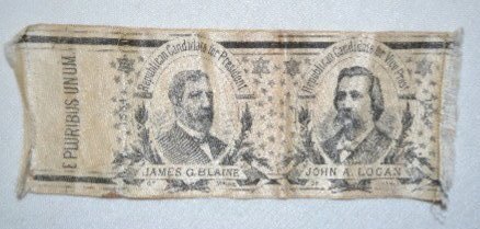 Blaine & Logan Campaign Ribbon, 1884: Blaine & Logan Campaign Ribbon: black on white silk showing both candidates in ovals surrounded by stars; their home states are also mentioned below the names; Blaine is noted as the Republican candid