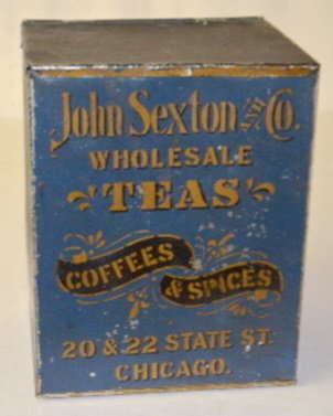 John Sexton & Co. Advertising Tin, Teas & Coffee: John Sexton & Co. Advertising Tin: Early, painted General Store tin that reads "John Sexton Co. Wholesale Teas, Coffees and Spices. 20-22 State St. Chicago"; the background color is dark blue with the