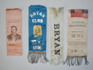 4 William J. Bryan Ribbons: 4 William J. Bryan Ribbons: 1.) William J. Bryan 1896 - 16 to 1 Ribbon attached is a 1 3/4" x 1 1/4" picture of Bryan on celluloid; the 16 silver to 1 is gold colored. (Something at the top is missing