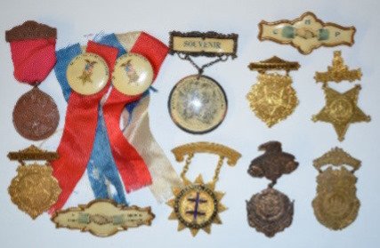 G.A.R. Souvenir Badges and Medals: G.A.R. Souvenir Badges and Medals: Los Angeles, California 1912 Medal of 46th Encampment; Medal of 30th National Encampment St. Paul, Minn.; 2 brass Annual State Encampment; G.A.R. Reunion pin back bu