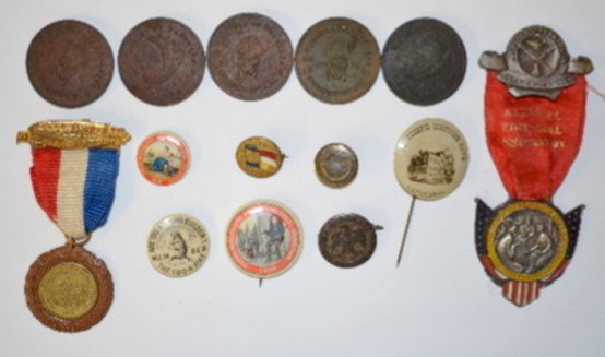 15 Vintage World's Fair & Exposition Collectibles: 15 Vintage World's Fair & Exposition Collectibles: Undated World's Fair pressed steel pin, Mayer Engel & Co.; 1893 World's Fair Chicago metal collar button; 2 - 1898 Trans Mississippi celluloid pin ba