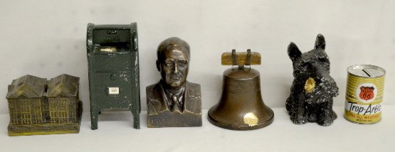 6 Metal Penny Banks, Dog, Mailbox, Liberty Bell +: 6 Metal Penny Banks, Dog, Mailbox, Liberty Bell +: 1.) Cast aluminum Scottie dog. (There is paint wear.) 2.) U.S. Metal mailbox bank. 3.) Liberty Bell bank, Lexington, NE. 4.) F.D. Roosevelt head bank