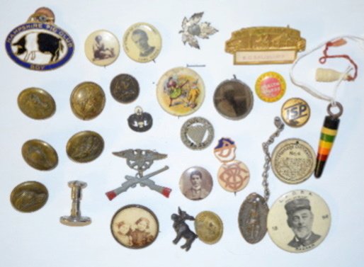 30 Assorted Advertising Buttons, Pins and Other: 30 Assorted Advertising Buttons, Pins and Other: there are 7 brass buttons with a variety of themes - a fox, dog, horse, elk, queen, a boy saluting a lady and 1 with 3 crowns; 4 celluloid pin backs wi