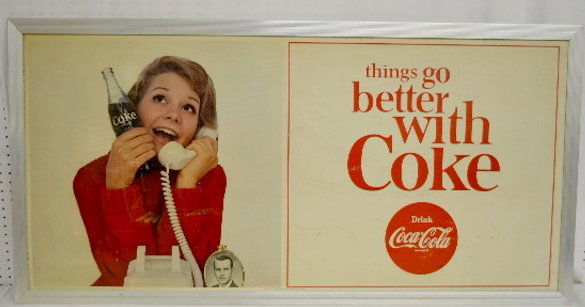 1960's Coca Cola Cardboard Advertising Sign: 1960's Coca Cola Cardboard Advertising Sign: The sign shows a girl on the telephone and reads "Things go better with Coke"; in an aluminum frame; condition 6. 29 1/2" T x 59" W Please note, this item