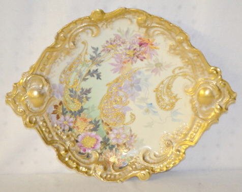 French Floral Decorative Tray: French Floral Decorative Tray: pink and lavender flowers on a light colored background with heavy gold outlines, decorations and trim; marked MC or CM France Depose and has a bottom center ring. (Has 