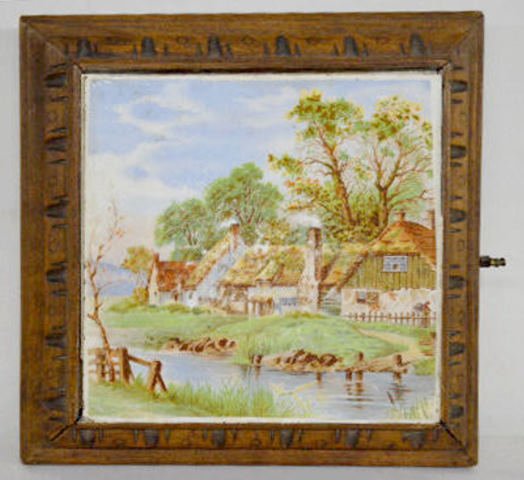 Hot Tile, Wood and Pottery, Musical: Hot Tile, Wood and Pottery, Musical: Has a transfer decal of a country scene with buildings and a stream; it is mounted on a wooden base which has a small music box inside; the winder extends from the