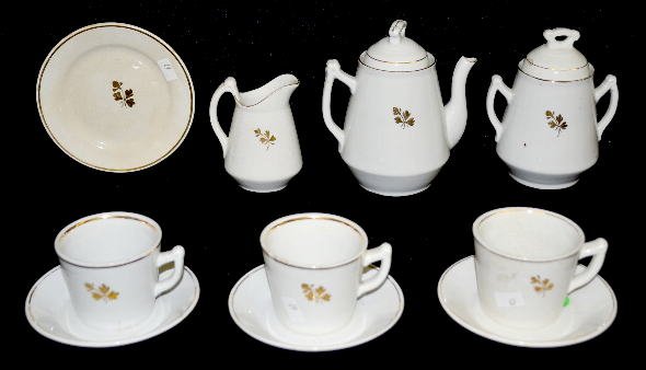 Mellor & Taylor Child's Tealeaf Ironstone Tea Set: Mellor & Taylor Child's Tealeaf Ironstone Tea Set: consists of a 2 cup teapot, covered sugar, creamer, 3 cups and saucers, 1 dessert saucer. (There are several small chips and dings. Several pieces ar