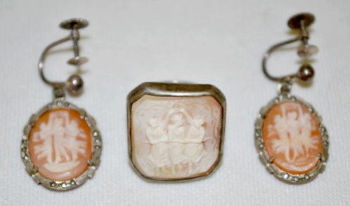 Old Shell Cameo Ring and Earrings: Old Shell Cameo Ring and Earrings: One ring, size 6 1/2 and the pair of earrings marked .835 have the Three Graces on them.