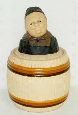 Vintage Tobacco Jar, Austrian Terra Cotta: Vintage Tobacco Jar, Austrian Terra Cotta: The jar is formed as a wooden barrel with a lid that has a monk like man protruding from the top; marked JM 3446. (There is a chip on the edge of the jar whe