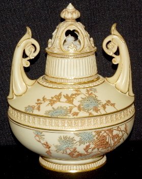 Royal Worcester No. 1256 Vase, Circa 1888: Royal Worcester No. 1256 Vase, Circa 1888: Decorated with raised gold leaves and spiny flowers; has an openwork lid; has the standard trademark with a Z below it and the design No. 1256 there is an RB