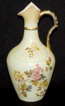 New York and Rudolstadt Porcelain Ewer: New York and Rudolstadt Porcelain Ewer: Floral decorated and colored in the style of Royal Worcester; impressed on the bottom is No. 4693 along with the company's blue trademark stamp {This company wa