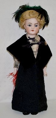 Antique Bisque Head Doll, 190-7 1/2: Antique Bisque Head Doll, 190-7 1/2: Gibson girl style with paperweight set eyes, an open mouth, pierced ears and a pink kid body. (There is a hairline crack. She has new arms.) Sells as is. **Please 