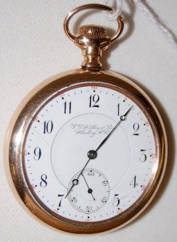 Hamilton 17J 16S OF Adj 3/4 DMK GF Pocket Watch: Hamilton 17J 16S OF Adj 3/4 DMK GF Pocket Watch: Serial No. 310809; the DSD and works are marked "I.G. Dillon & Son Wheeling W. VA."; in a yellow C.W.C. Co. SF&B case No. 1366719. The watch is running