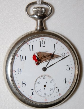 FW BUTLER 15J 14S OF 3/4 DMK Pocket Watch: FW BUTLER 15J 14S OF 3/4 DMK Pocket Watch: Serial No. 8233901 with the Indian Motorcycle emblem on the SSD; in a white SF&B Philadelphia silverode case No. 357129; the back plate also has Albion, N.Y.